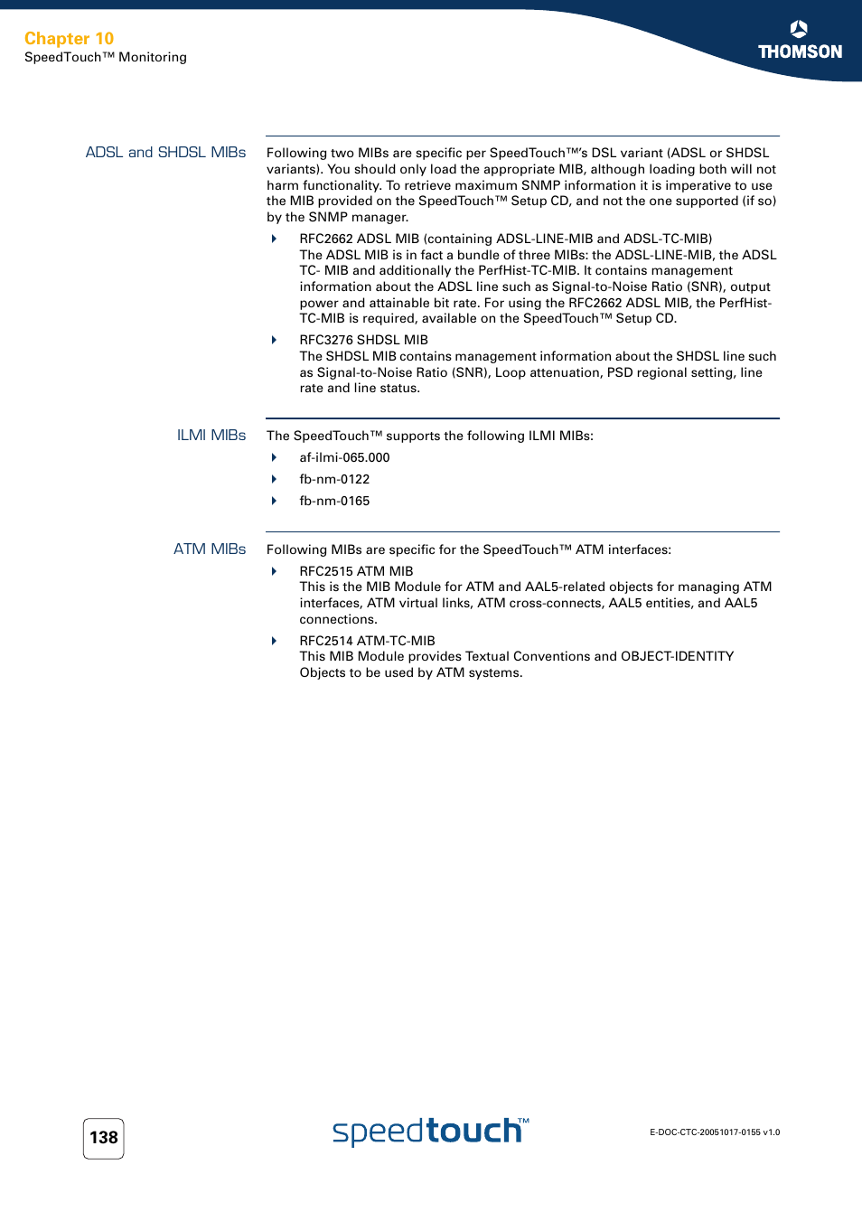 Adsl and shdsl mibs, Ilmi mibs, Atm mibs | Chapter 10 | Technicolor - Thomson Wireless Business DSL Routers SpeedTouchTM620 User Manual | Page 148 / 216