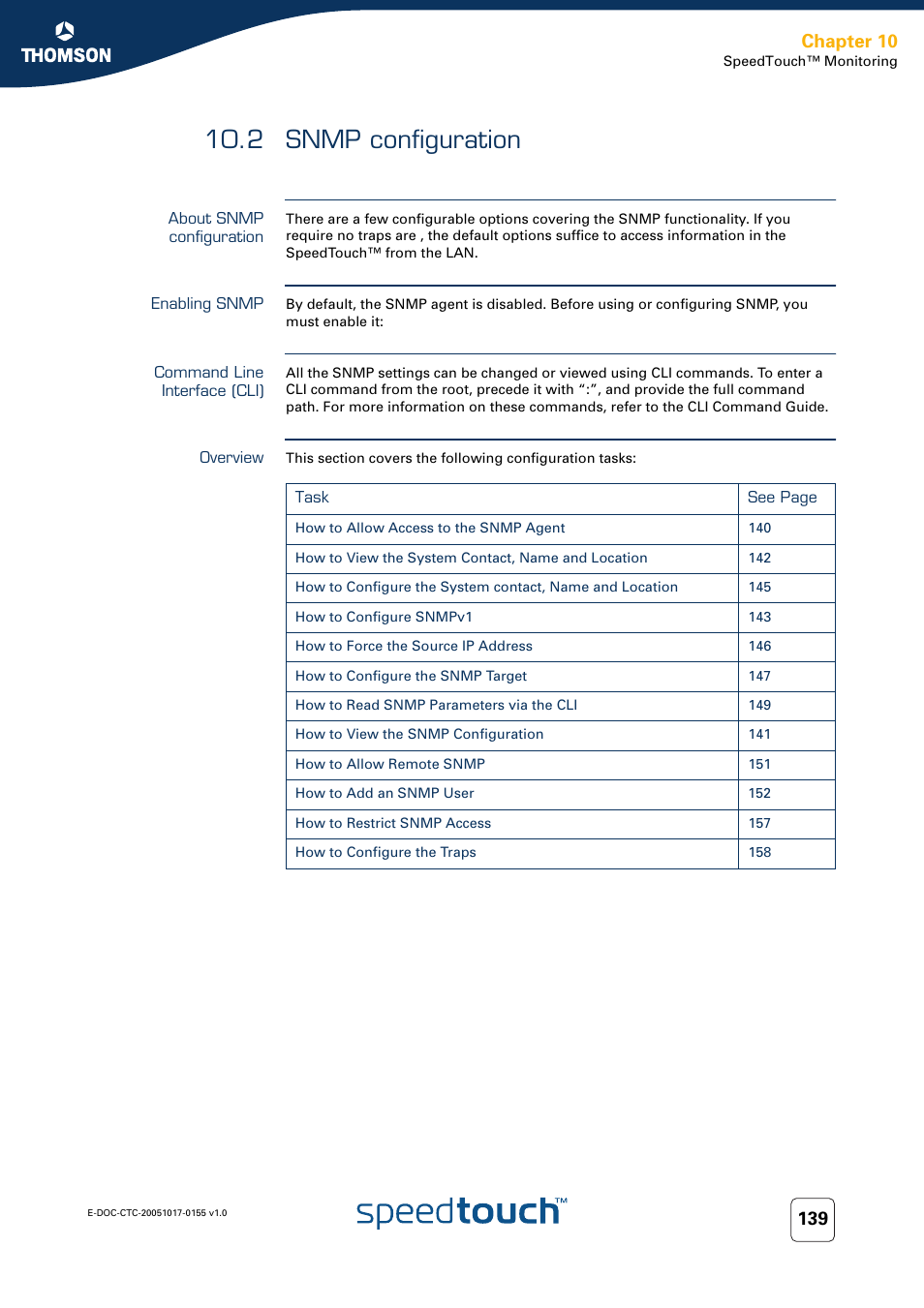 2 snmp configuration, About snmp configuration, Enabling snmp | Command line interface (cli), Overview, Snmp configuration, Chapter 10 | Technicolor - Thomson Wireless Business DSL Routers SpeedTouchTM620 User Manual | Page 149 / 216