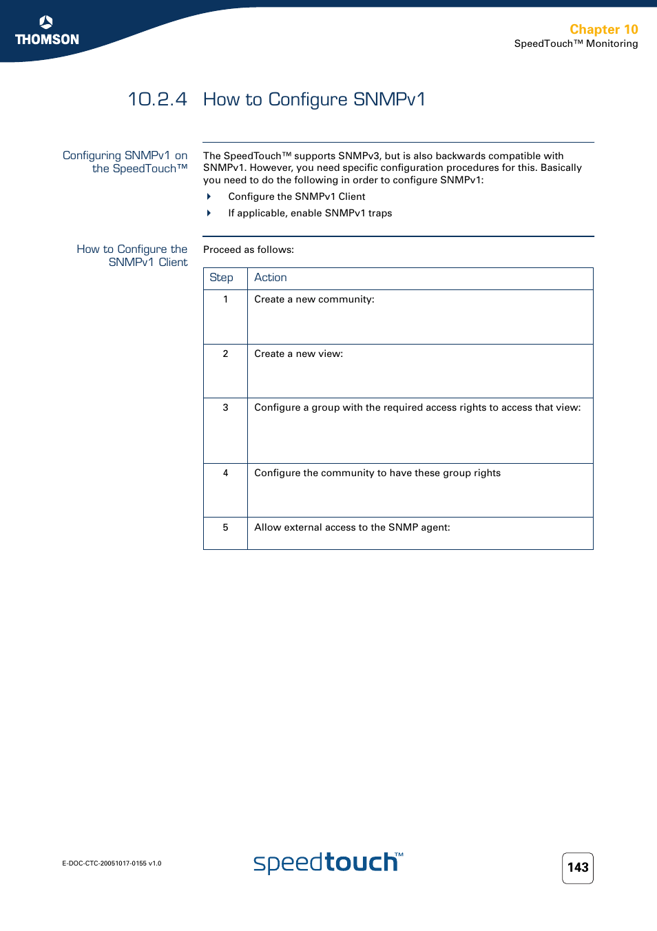 4 how to configure snmpv1, Configuring snmpv1 on the speedtouch, How to configure the snmpv1 client | How to configure snmpv1, Chapter 10 | Technicolor - Thomson Wireless Business DSL Routers SpeedTouchTM620 User Manual | Page 153 / 216