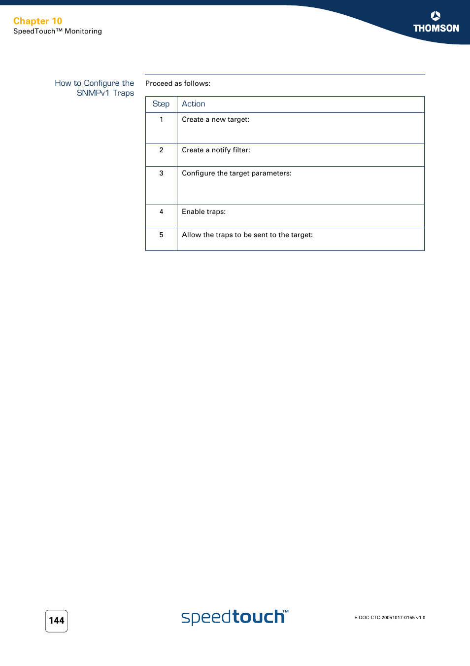 How to configure the snmpv1 traps, Chapter 10 | Technicolor - Thomson Wireless Business DSL Routers SpeedTouchTM620 User Manual | Page 154 / 216