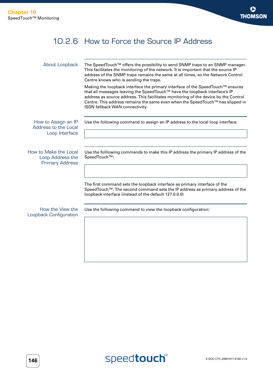 6 how to force the source ip address, About loopback, How the view the loopback configuration | How to force the source ip address, Chapter 10 | Technicolor - Thomson Wireless Business DSL Routers SpeedTouchTM620 User Manual | Page 156 / 216