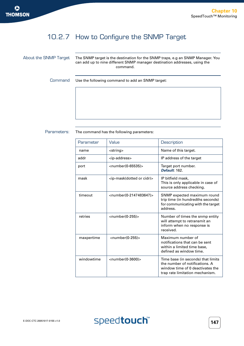 7 how to configure the snmp target, About the snmp target, Command | Parameters, How to configure the snmp target, Chapter 10 | Technicolor - Thomson Wireless Business DSL Routers SpeedTouchTM620 User Manual | Page 157 / 216