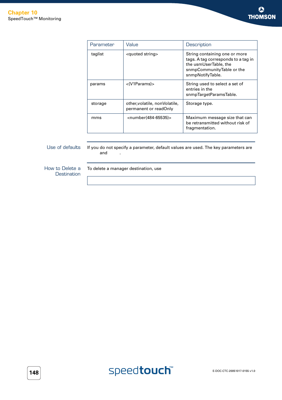 Use of defaults, How to delete a destination, Chapter 10 | Technicolor - Thomson Wireless Business DSL Routers SpeedTouchTM620 User Manual | Page 158 / 216