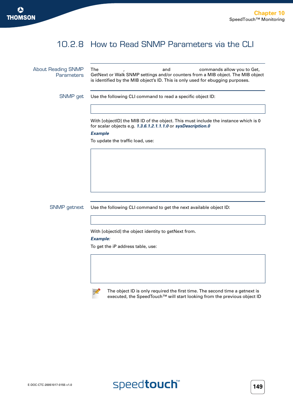 8 how to read snmp parameters via the cli, About reading snmp parameters, Snmp get | Snmp getnext, How to read snmp parameters via the cli, Chapter 10 | Technicolor - Thomson Wireless Business DSL Routers SpeedTouchTM620 User Manual | Page 159 / 216