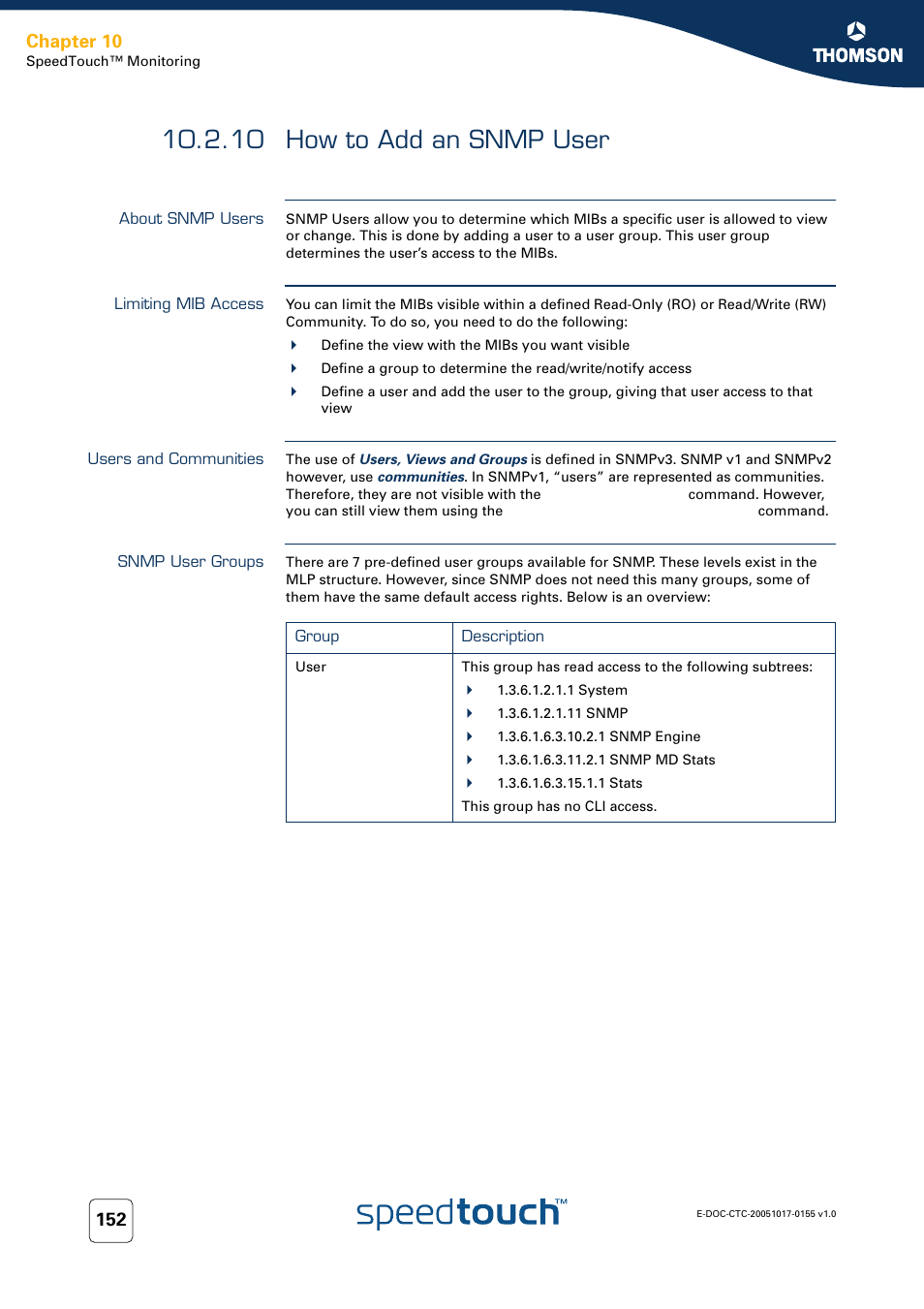 10 how to add an snmp user, About snmp users, Limiting mib access | Users and communities, Snmp user groups, How to add an snmp user, Chapter 10 | Technicolor - Thomson Wireless Business DSL Routers SpeedTouchTM620 User Manual | Page 162 / 216