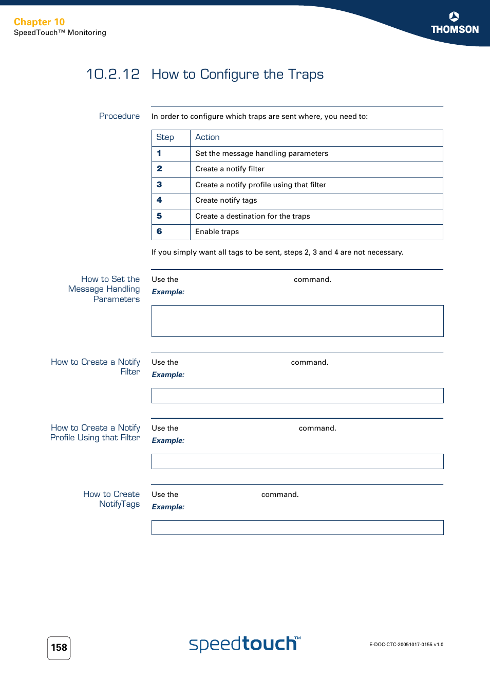 12 how to configure the traps, Procedure, How to set the message handling parameters | How to create a notify filter, How to create a notify profile using that filter, How to create notifytags, How to configure the traps, Chapter 10 | Technicolor - Thomson Wireless Business DSL Routers SpeedTouchTM620 User Manual | Page 168 / 216