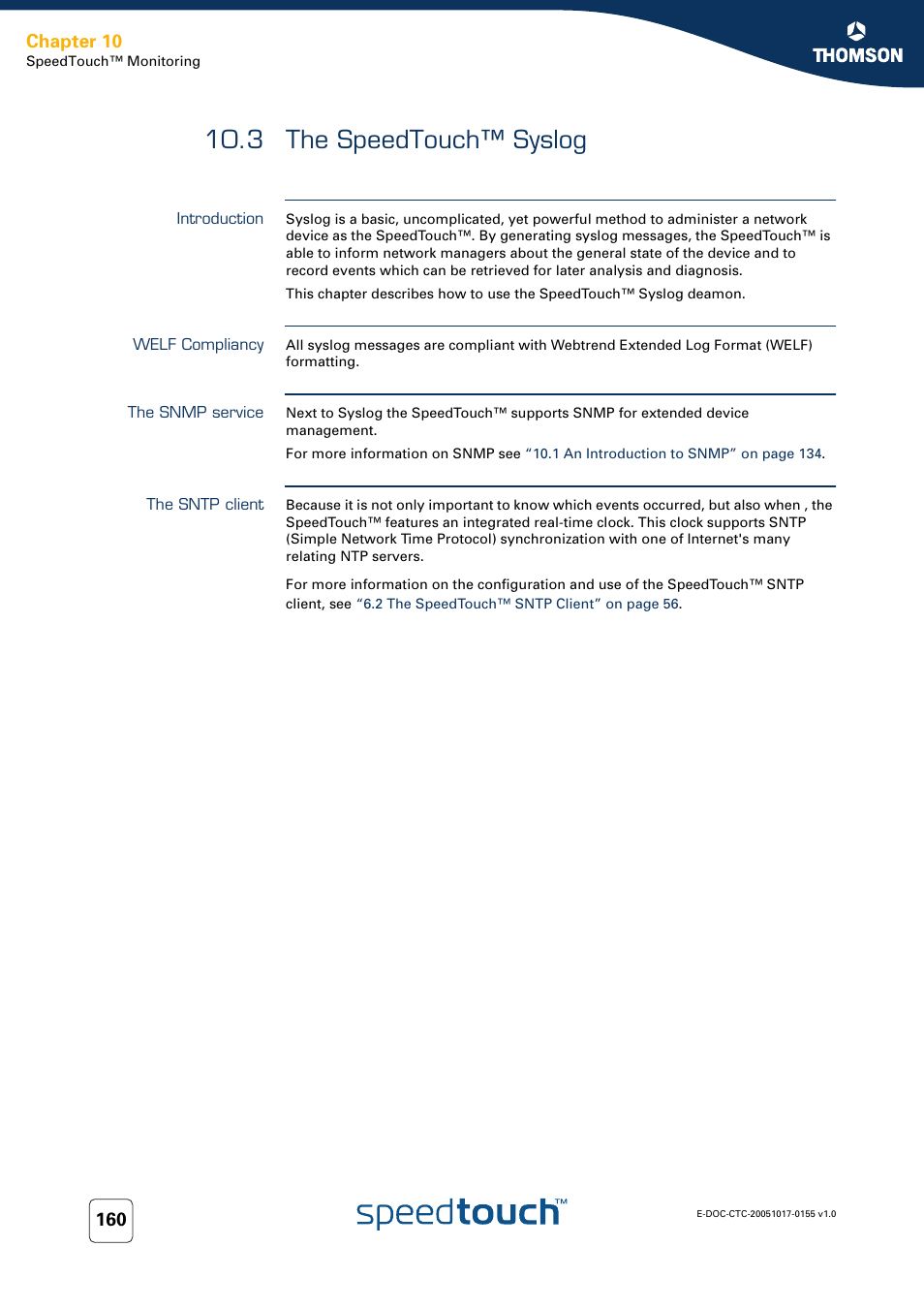 3 the speedtouch™ syslog, Introduction, Welf compliancy | The snmp service, The sntp client, The speedtouch™ syslog, Chapter 10 | Technicolor - Thomson Wireless Business DSL Routers SpeedTouchTM620 User Manual | Page 170 / 216