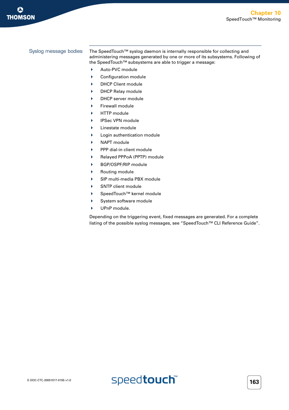 Syslog message bodies, Chapter 10 | Technicolor - Thomson Wireless Business DSL Routers SpeedTouchTM620 User Manual | Page 173 / 216