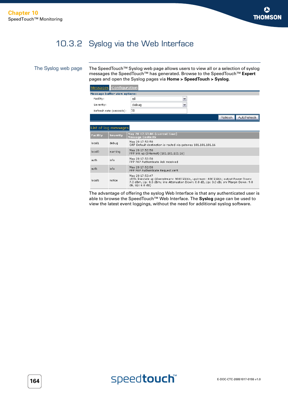 2 syslog via the web interface, Syslog via the web interface | Technicolor - Thomson Wireless Business DSL Routers SpeedTouchTM620 User Manual | Page 174 / 216