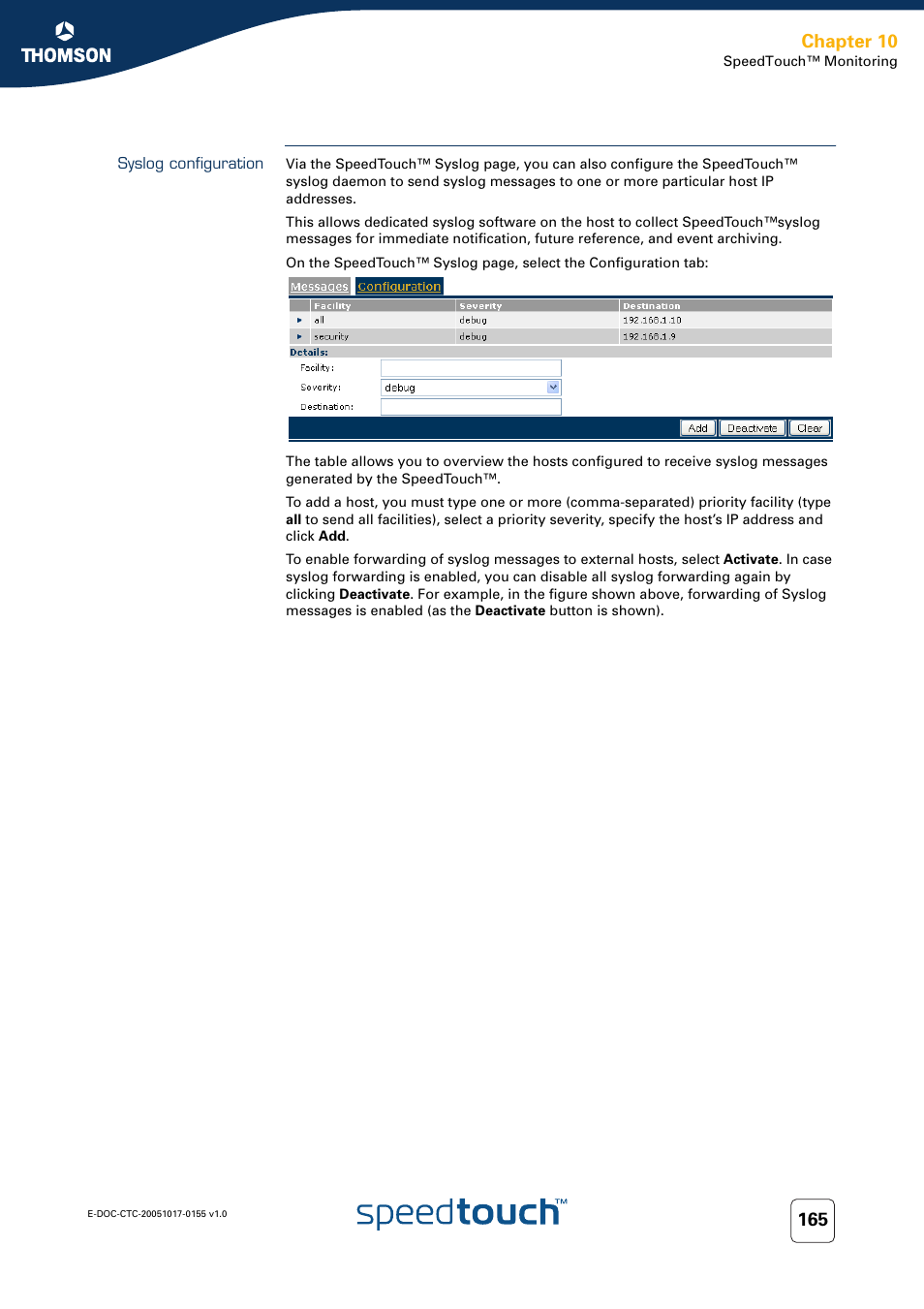 Syslog configuration, Chapter 10 | Technicolor - Thomson Wireless Business DSL Routers SpeedTouchTM620 User Manual | Page 175 / 216