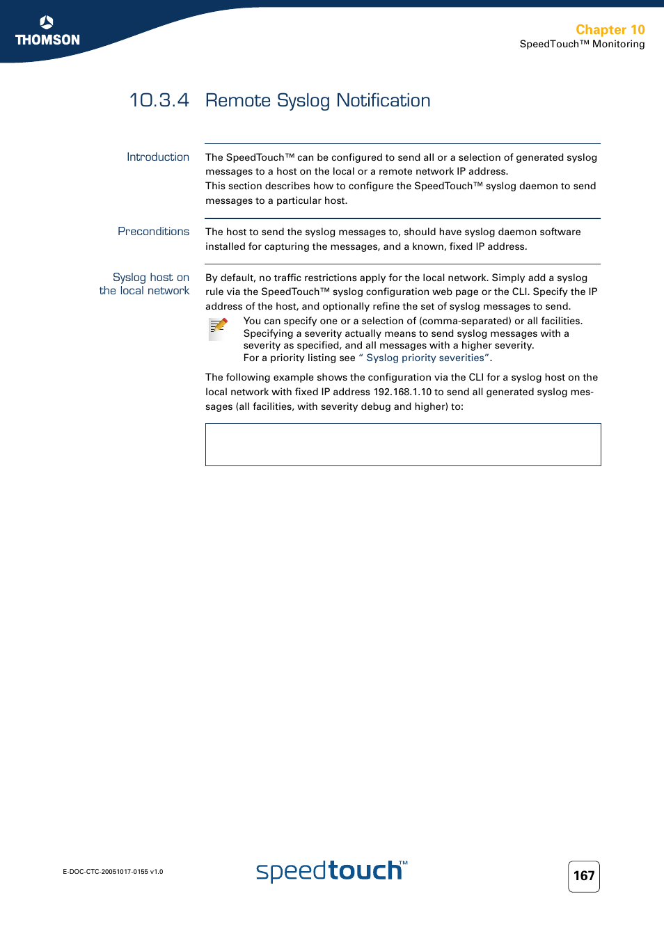 4 remote syslog notification, Introduction, Preconditions | Syslog host on the local network, Remote syslog notification, Chapter 10 | Technicolor - Thomson Wireless Business DSL Routers SpeedTouchTM620 User Manual | Page 177 / 216