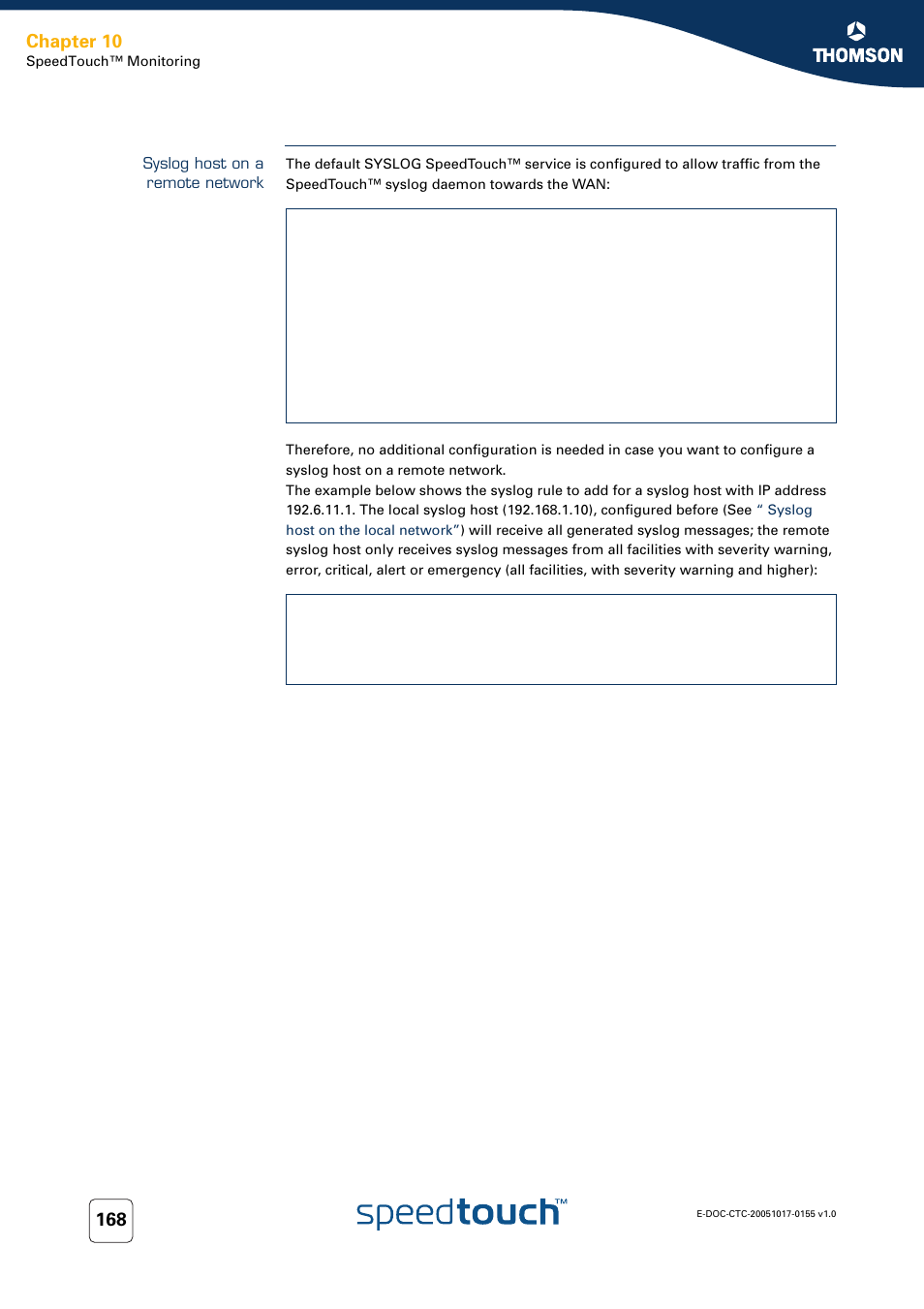 Syslog host on a remote network, Chapter 10 | Technicolor - Thomson Wireless Business DSL Routers SpeedTouchTM620 User Manual | Page 178 / 216