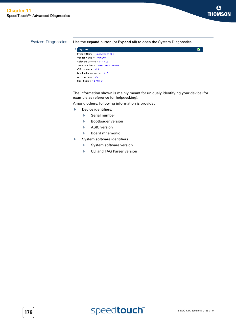 System diagnostics, Chapter 11 | Technicolor - Thomson Wireless Business DSL Routers SpeedTouchTM620 User Manual | Page 186 / 216