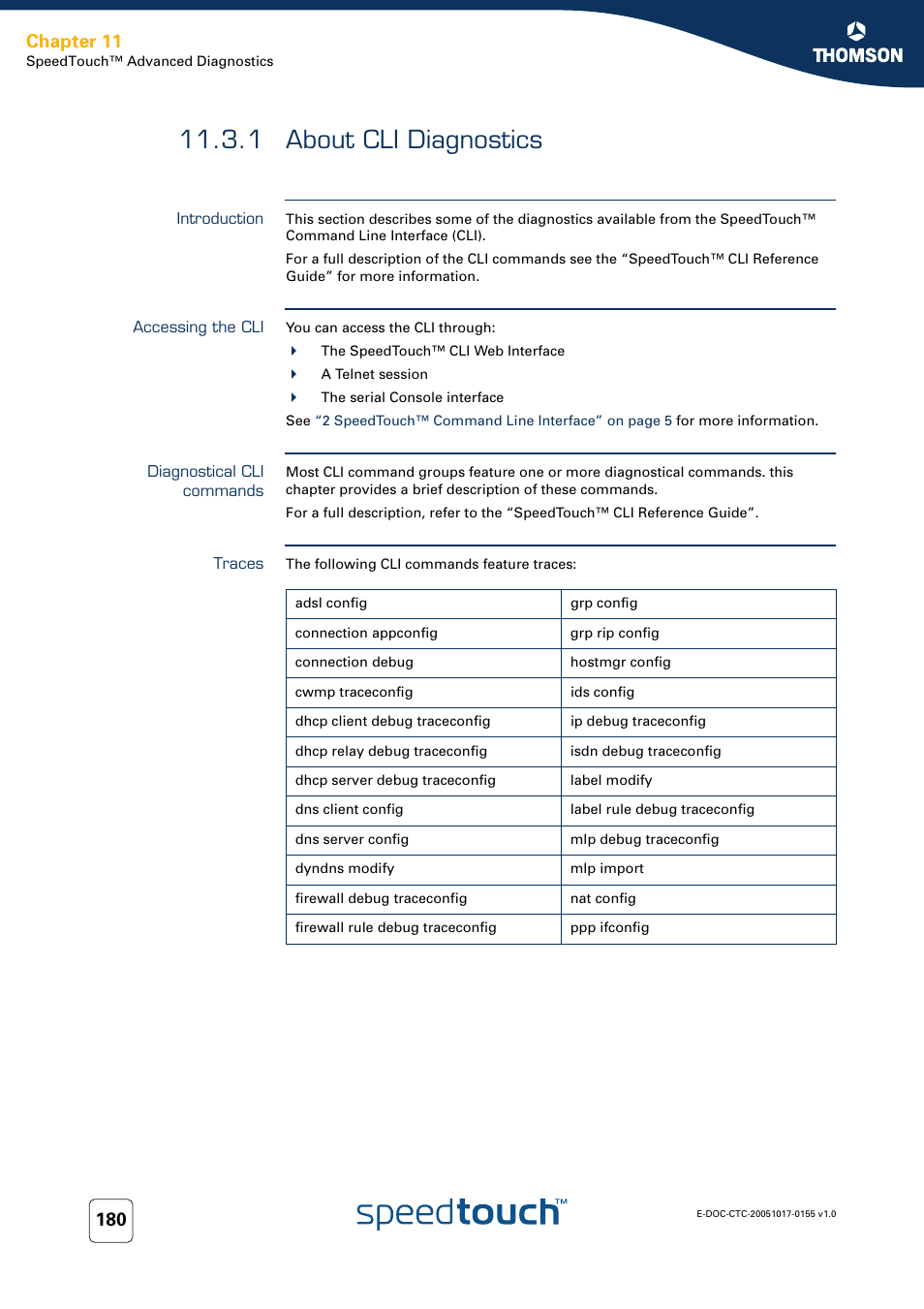 1 about cli diagnostics, Introduction, Accessing the cli | Diagnostical cli commands, Traces, About cli diagnostics, Chapter 11 | Technicolor - Thomson Wireless Business DSL Routers SpeedTouchTM620 User Manual | Page 190 / 216