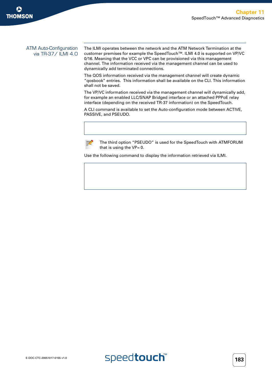 Atm auto-configuration via tr-37/ ilmi 4.0, Chapter 11 | Technicolor - Thomson Wireless Business DSL Routers SpeedTouchTM620 User Manual | Page 193 / 216