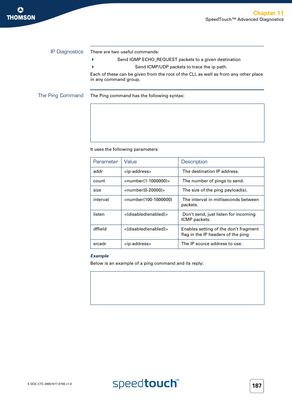 Ip diagnostics, The ping command, Chapter 11 | Technicolor - Thomson Wireless Business DSL Routers SpeedTouchTM620 User Manual | Page 197 / 216