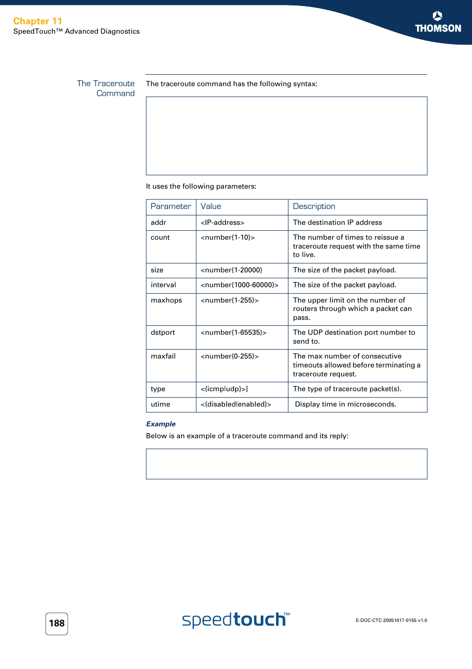 The traceroute command, Chapter 11 | Technicolor - Thomson Wireless Business DSL Routers SpeedTouchTM620 User Manual | Page 198 / 216