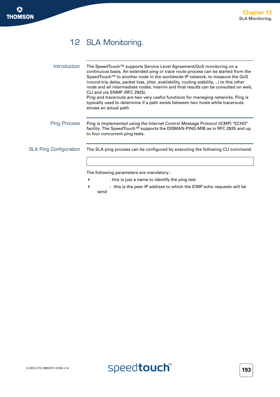 12 sla monitoring, Introduction, Ping process | Sla ping configuration, Sla monitoring, Chapter 12 | Technicolor - Thomson Wireless Business DSL Routers SpeedTouchTM620 User Manual | Page 203 / 216