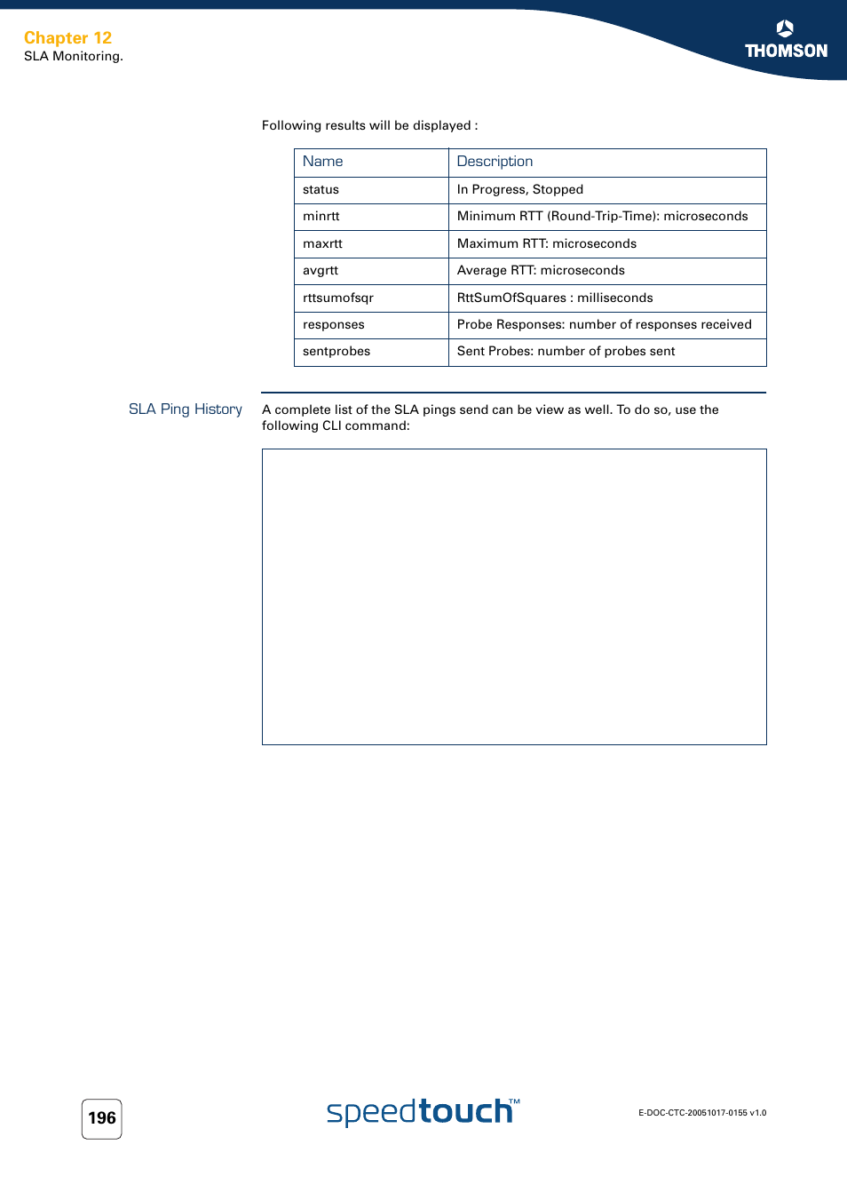 Sla ping history, Chapter 12 | Technicolor - Thomson Wireless Business DSL Routers SpeedTouchTM620 User Manual | Page 206 / 216