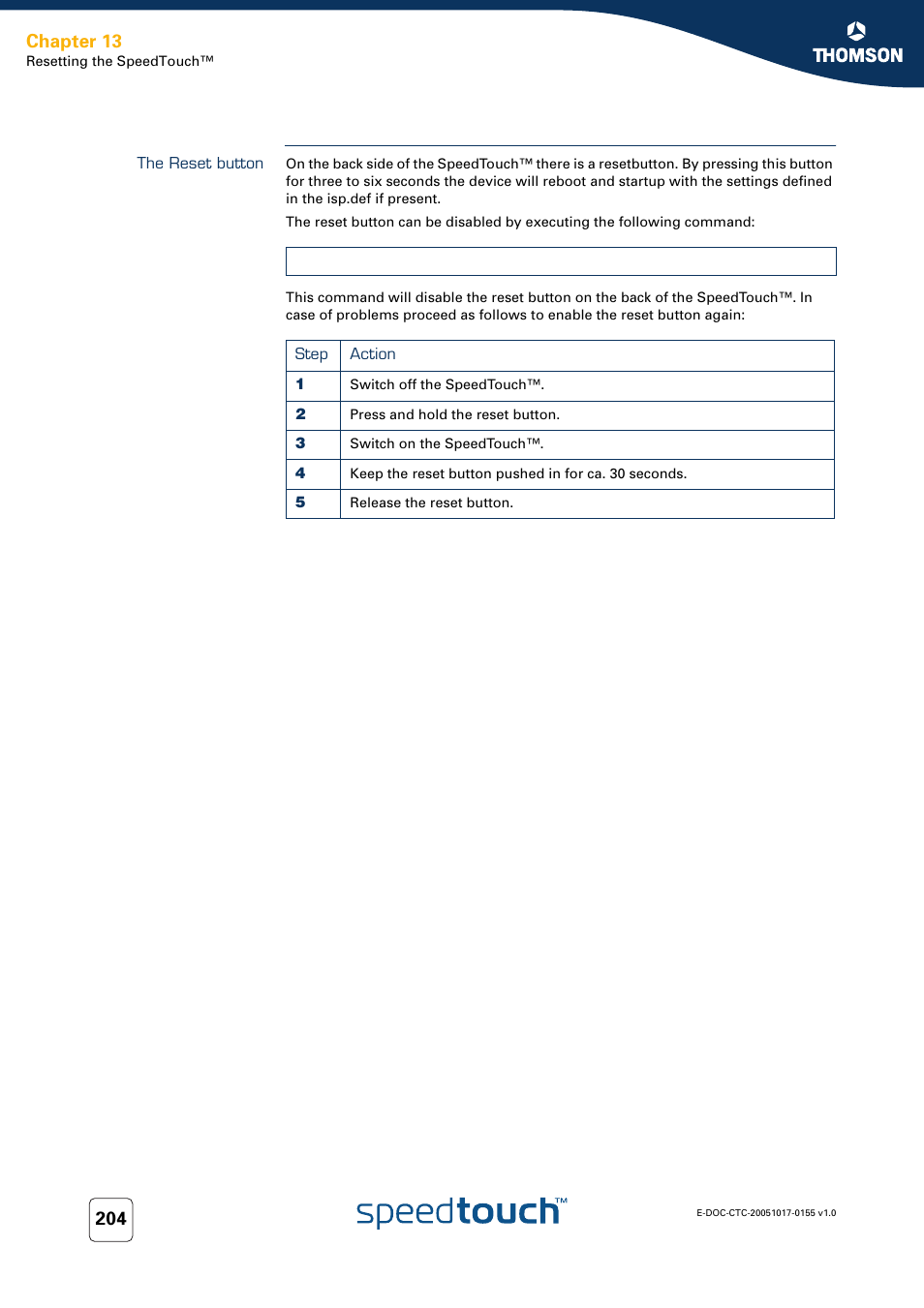 The reset button, Chapter 13 | Technicolor - Thomson Wireless Business DSL Routers SpeedTouchTM620 User Manual | Page 214 / 216