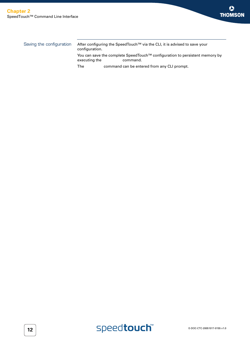 Saving the configuration, Chapter 2 | Technicolor - Thomson Wireless Business DSL Routers SpeedTouchTM620 User Manual | Page 22 / 216