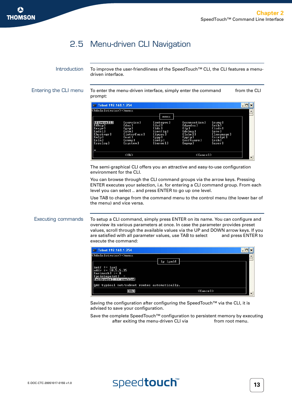 5 menu-driven cli navigation, Introduction, Entering the cli menu | Executing commands, Menu-driven cli navigation, Chapter 2 | Technicolor - Thomson Wireless Business DSL Routers SpeedTouchTM620 User Manual | Page 23 / 216