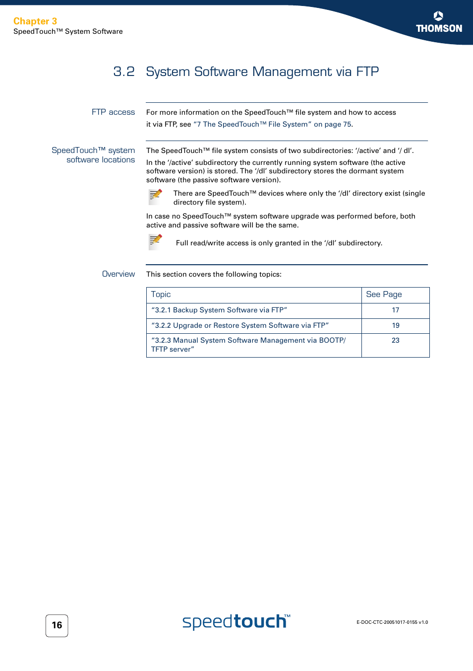 2 system software management via ftp, Ftp access, Speedtouch™ system software locations | Overview, System software management via ftp, Chapter 3 | Technicolor - Thomson Wireless Business DSL Routers SpeedTouchTM620 User Manual | Page 26 / 216