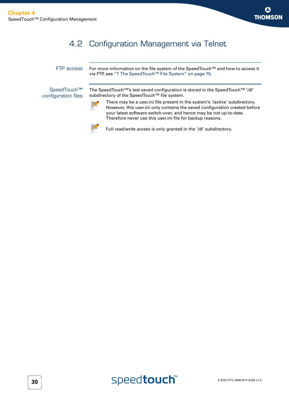 2 configuration management via telnet, Ftp access, Speedtouch™ configuration files | Configuration management via telnet, Chapter 4 | Technicolor - Thomson Wireless Business DSL Routers SpeedTouchTM620 User Manual | Page 40 / 216