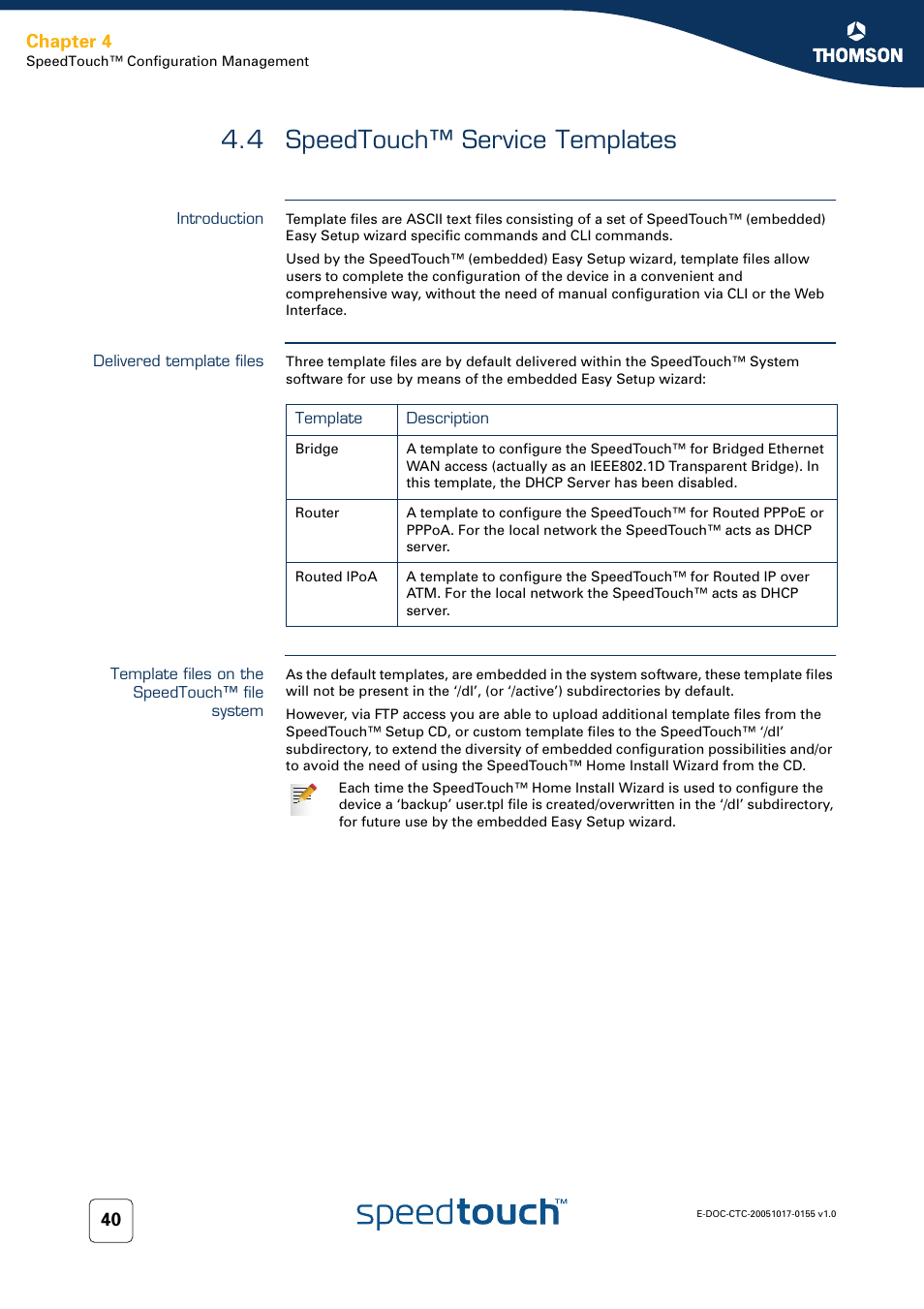 4 speedtouch™ service templates, Introduction, Delivered template files | Template files on the speedtouch™ file system, Speedtouch™ service templates, Chapter 4 | Technicolor - Thomson Wireless Business DSL Routers SpeedTouchTM620 User Manual | Page 50 / 216