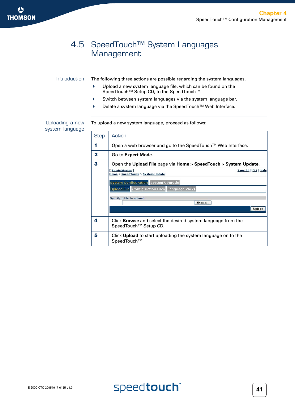 5 speedtouch™ system languages management, Introduction, Uploading a new system language | Speedtouch™ system languages management, Chapter 4 | Technicolor - Thomson Wireless Business DSL Routers SpeedTouchTM620 User Manual | Page 51 / 216