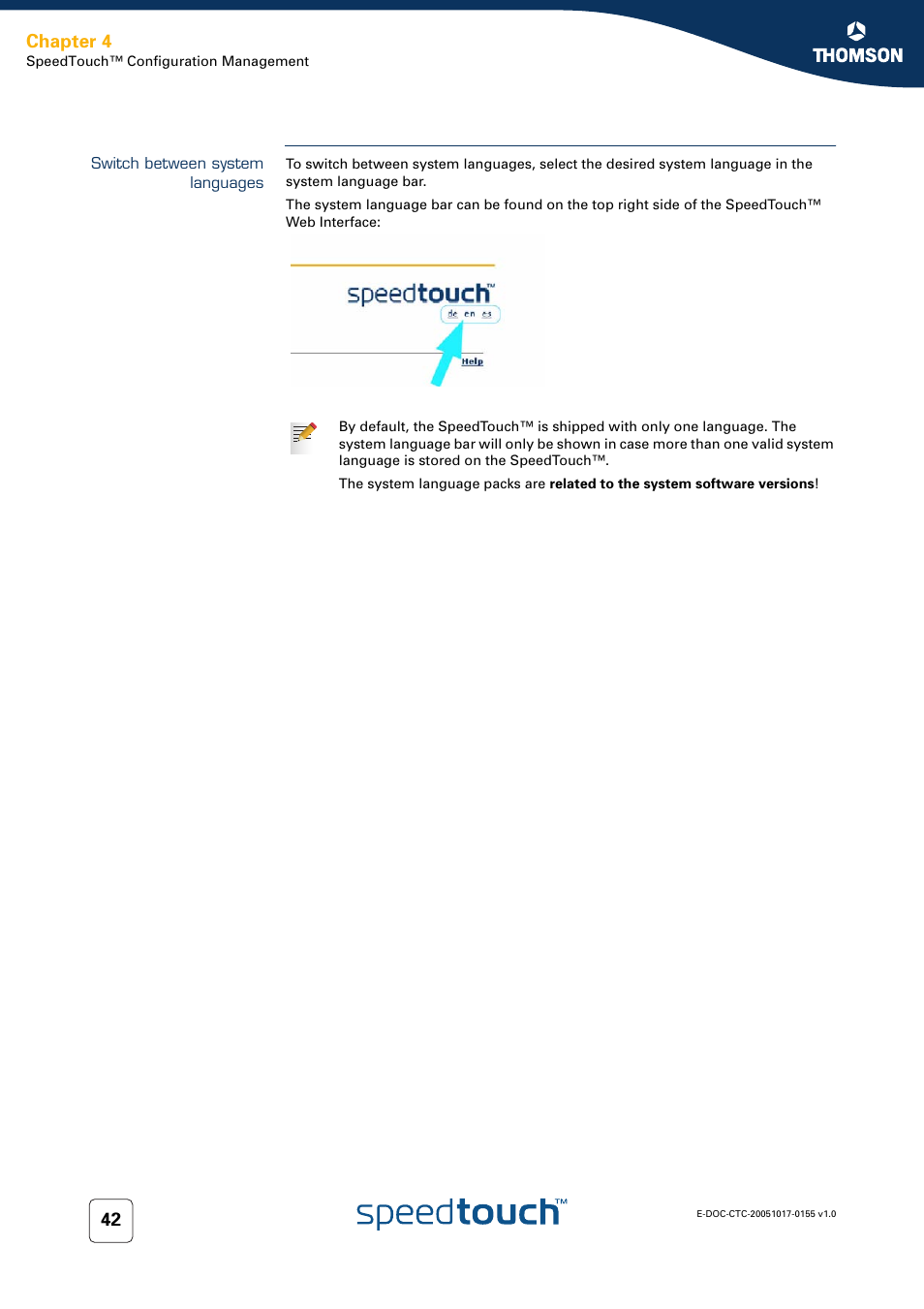 Switch between system languages, Chapter 4 | Technicolor - Thomson Wireless Business DSL Routers SpeedTouchTM620 User Manual | Page 52 / 216