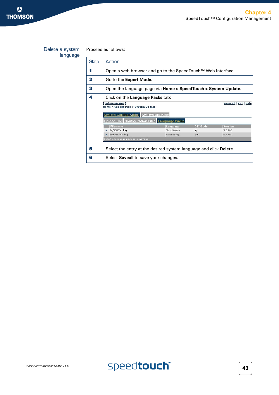 Delete a system language, Chapter 4 | Technicolor - Thomson Wireless Business DSL Routers SpeedTouchTM620 User Manual | Page 53 / 216