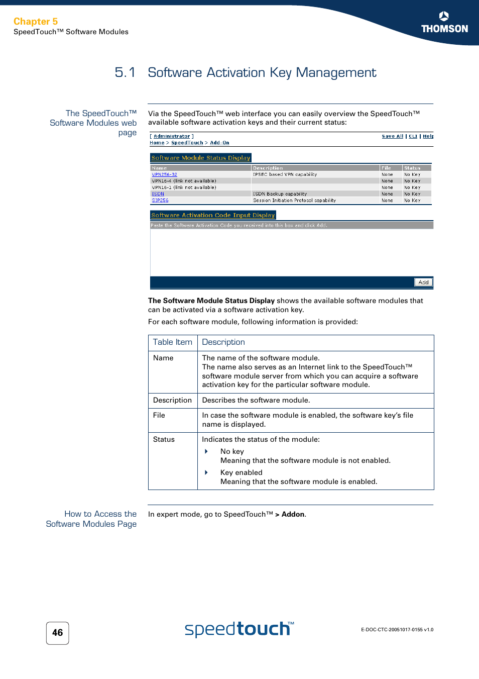 1 software activation key management, Software activation key management, Chapter 5 | Technicolor - Thomson Wireless Business DSL Routers SpeedTouchTM620 User Manual | Page 56 / 216