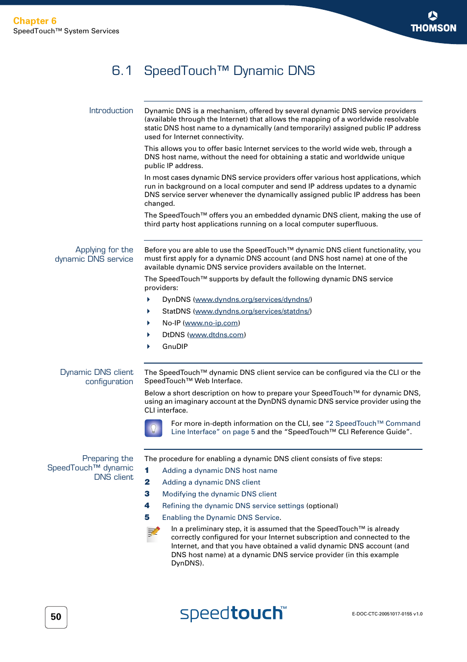 1 speedtouch™ dynamic dns, Introduction, Applying for the dynamic dns service | Dynamic dns client configuration, Preparing the speedtouch™ dynamic dns client, Speedtouch™ dynamic dns, Chapter 6 | Technicolor - Thomson Wireless Business DSL Routers SpeedTouchTM620 User Manual | Page 60 / 216