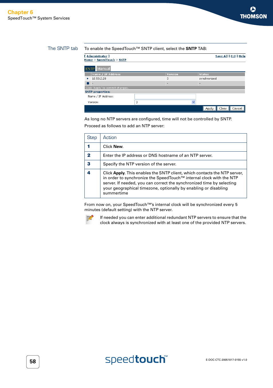 The sntp tab, Chapter 6 | Technicolor - Thomson Wireless Business DSL Routers SpeedTouchTM620 User Manual | Page 68 / 216