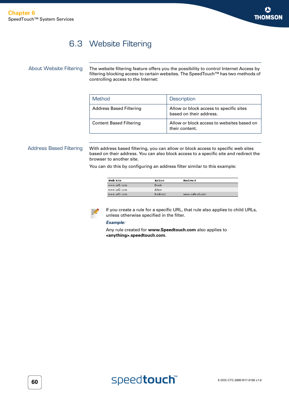 3 website filtering, About website filtering, Address based filtering | Website filtering, Chapter 6 | Technicolor - Thomson Wireless Business DSL Routers SpeedTouchTM620 User Manual | Page 70 / 216