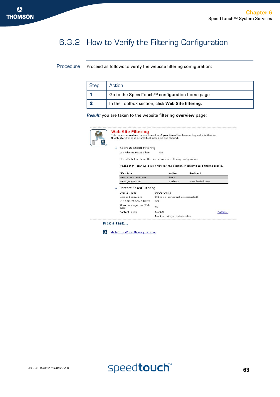 2 how to verify the filtering configuration, Procedure, How to verify the filtering configuration | Chapter 6 | Technicolor - Thomson Wireless Business DSL Routers SpeedTouchTM620 User Manual | Page 73 / 216