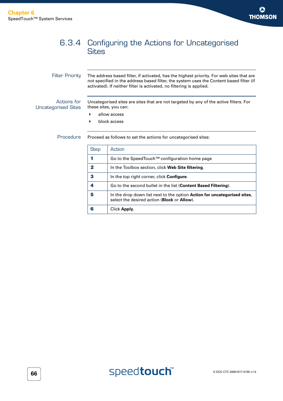 4 configuring the actions for uncategorised sites, Filter priority, Actions for uncategorised sites | Procedure, Configuring the actions for uncategorised sites, Chapter 6 | Technicolor - Thomson Wireless Business DSL Routers SpeedTouchTM620 User Manual | Page 76 / 216