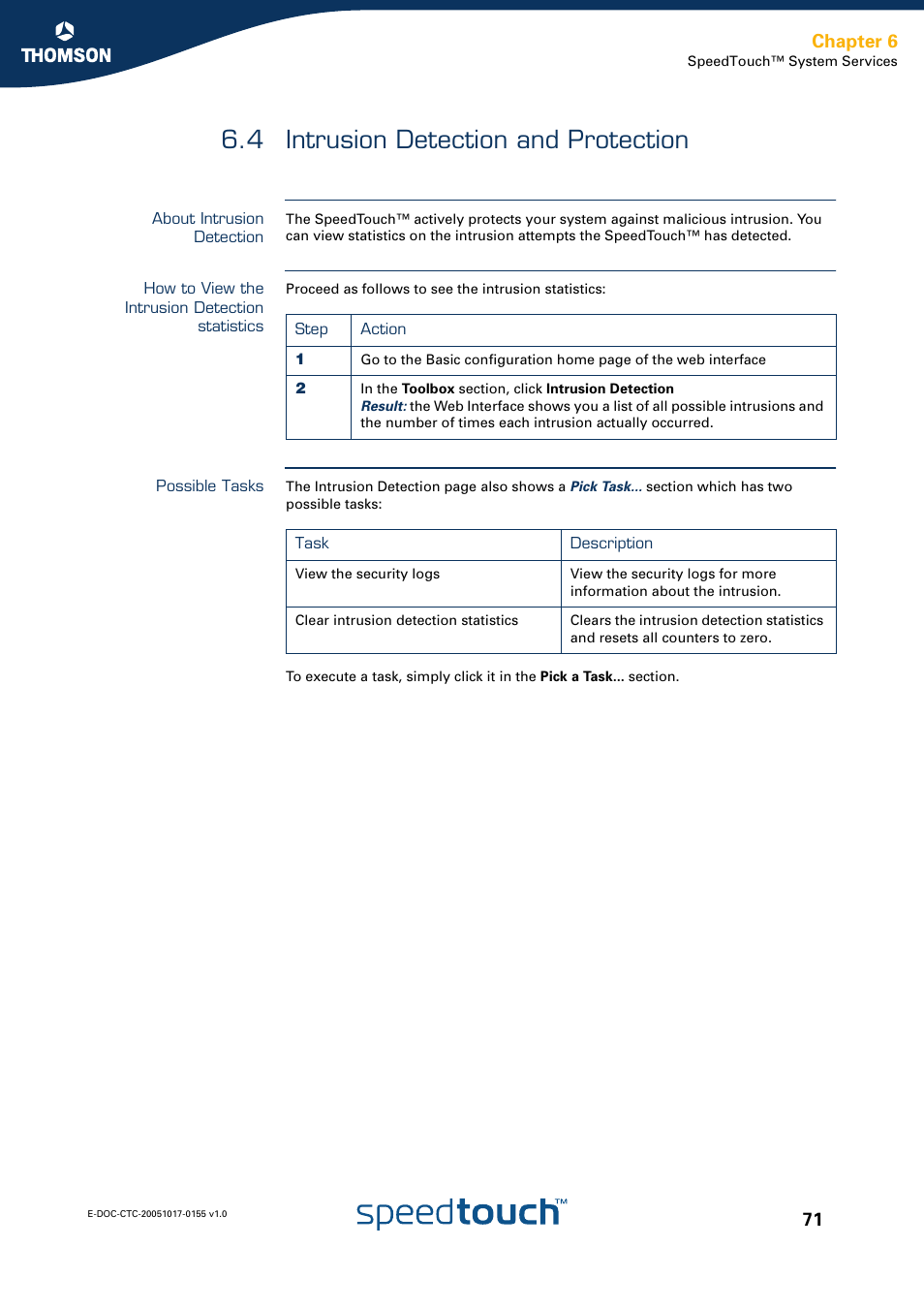 4 intrusion detection and protection, About intrusion detection, How to view the intrusion detection statistics | Possible tasks, Intrusion detection and protection, Chapter 6 | Technicolor - Thomson Wireless Business DSL Routers SpeedTouchTM620 User Manual | Page 81 / 216