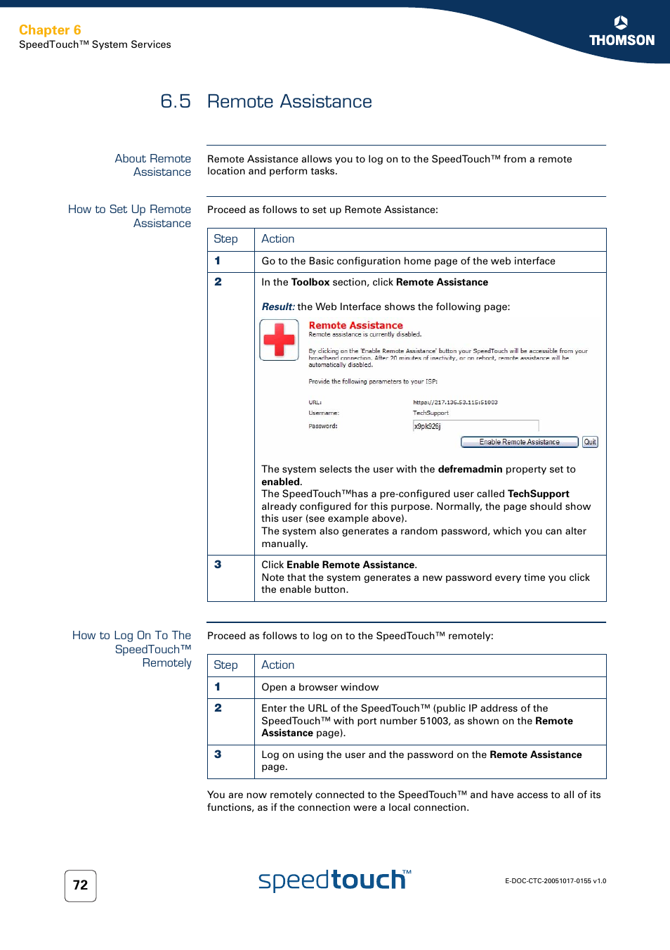 5 remote assistance, About remote assistance, How to set up remote assistance | How to log on to the speedtouch™ remotely, Remote assistance, Chapter 6 | Technicolor - Thomson Wireless Business DSL Routers SpeedTouchTM620 User Manual | Page 82 / 216