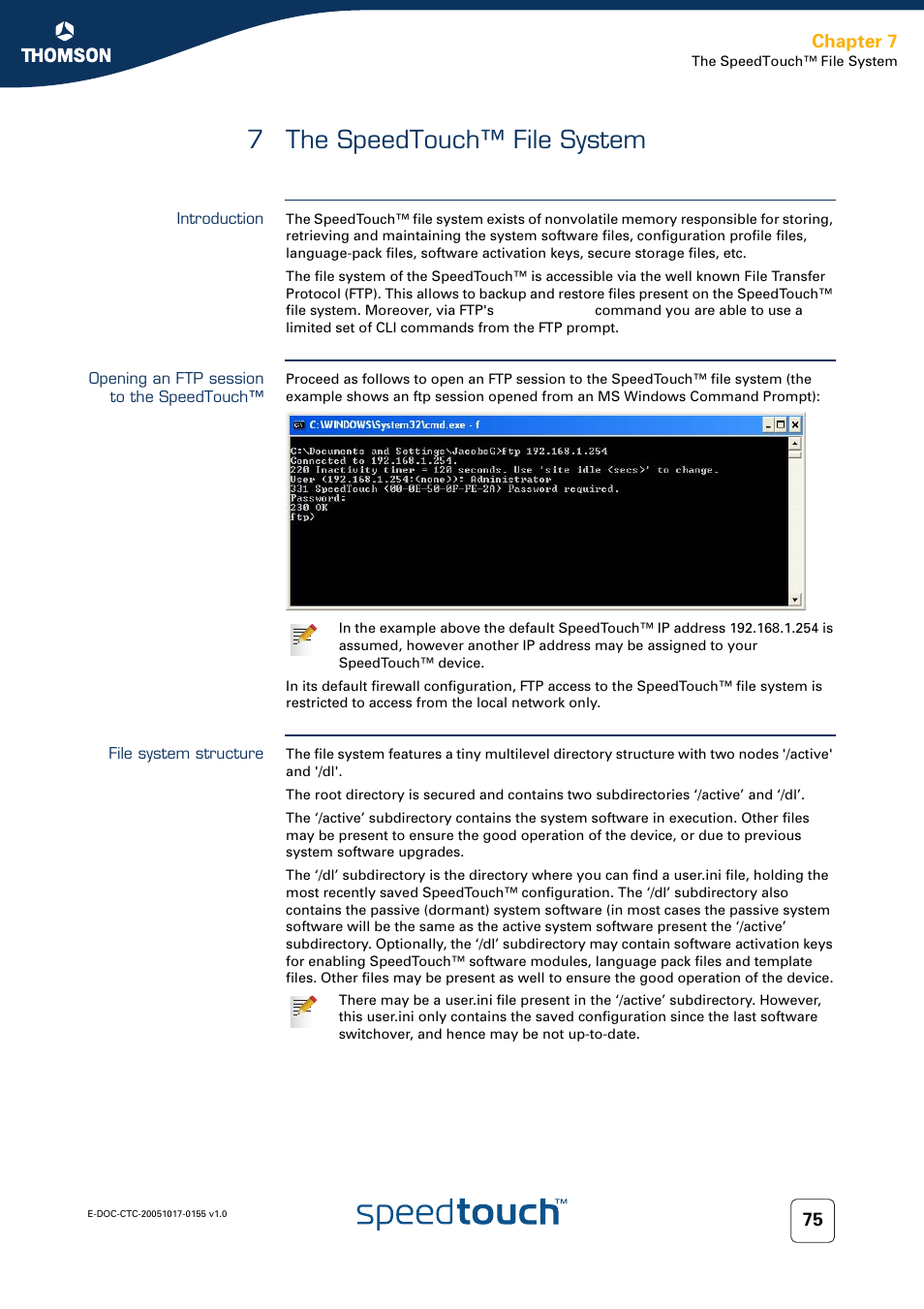 7 the speedtouch™ file system, Introduction, Opening an ftp session to the speedtouch | File system structure, The speedtouch™ file system, Chapter 7 | Technicolor - Thomson Wireless Business DSL Routers SpeedTouchTM620 User Manual | Page 85 / 216