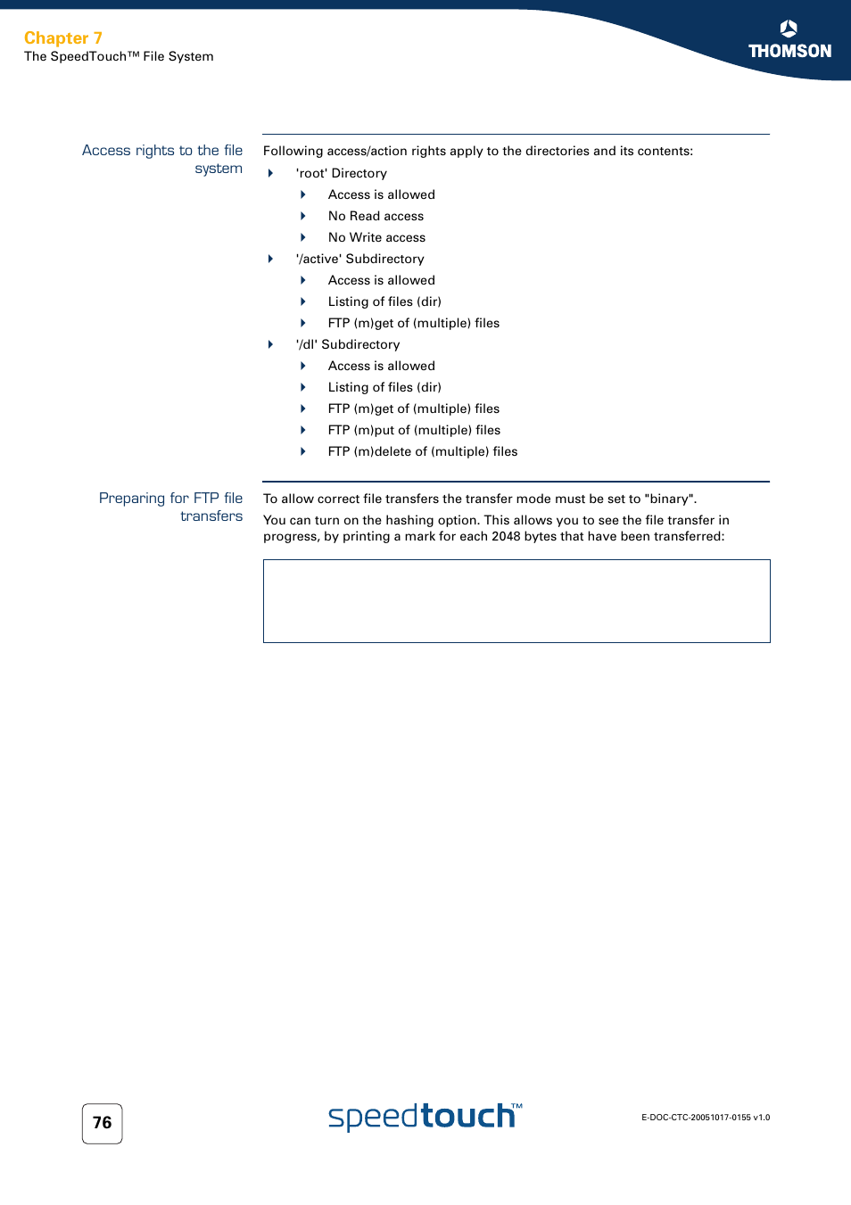 Access rights to the file system, Preparing for ftp file transfers, Chapter 7 | Technicolor - Thomson Wireless Business DSL Routers SpeedTouchTM620 User Manual | Page 86 / 216