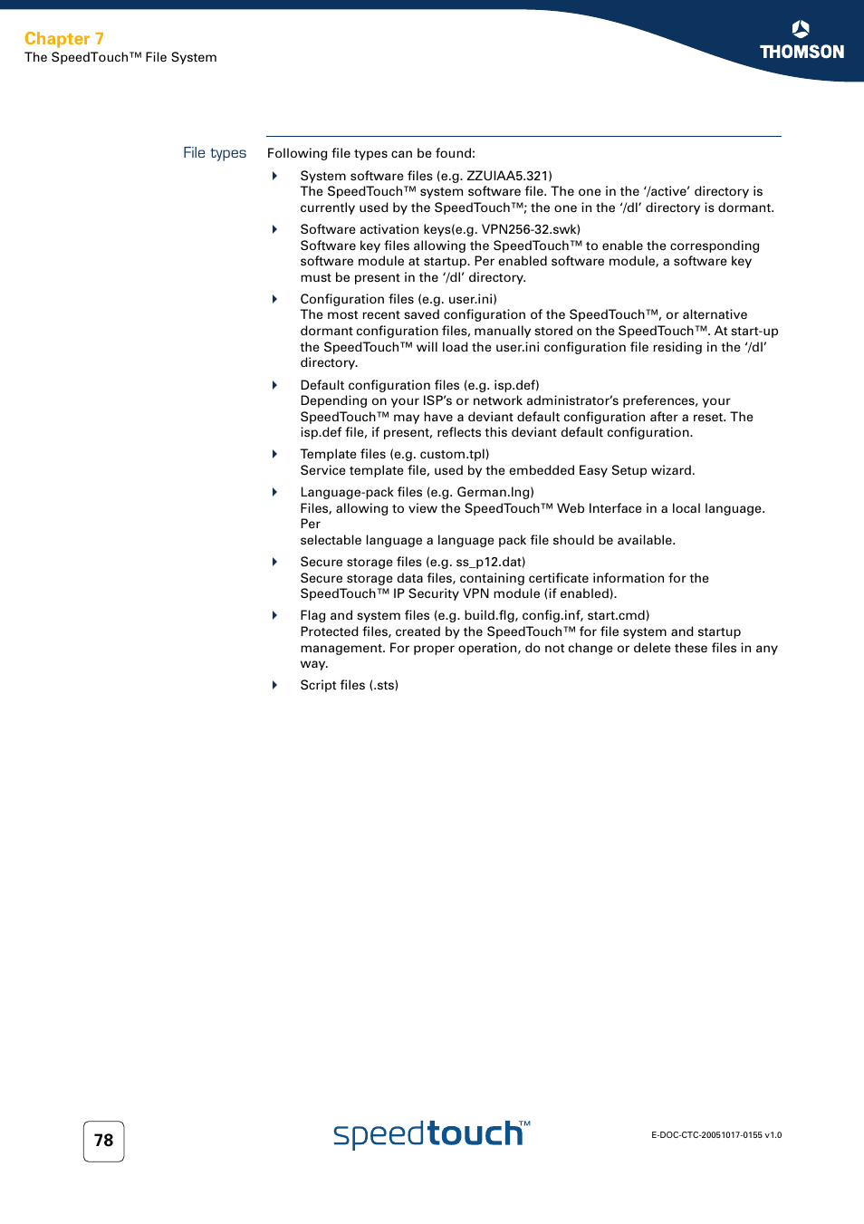 File types, Chapter 7 | Technicolor - Thomson Wireless Business DSL Routers SpeedTouchTM620 User Manual | Page 88 / 216