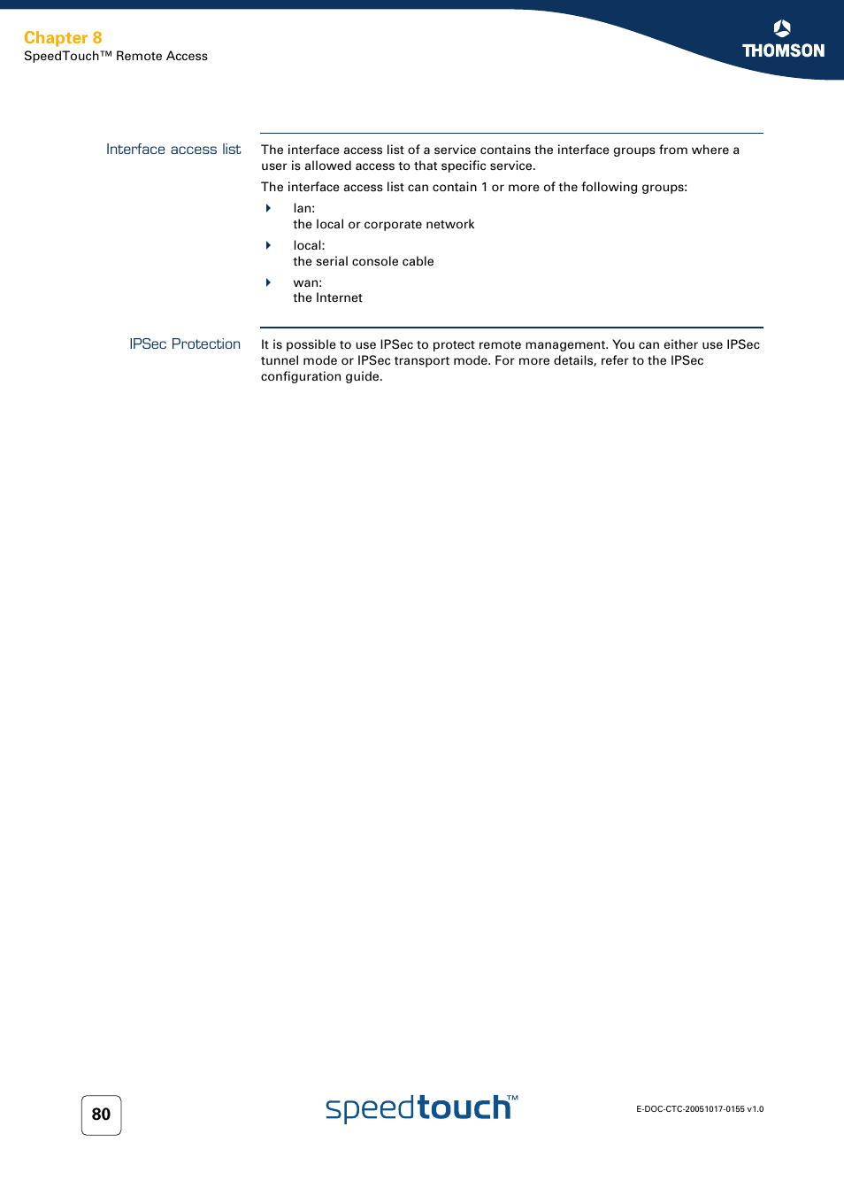 Interface access list, Ipsec protection, Chapter 8 | Technicolor - Thomson Wireless Business DSL Routers SpeedTouchTM620 User Manual | Page 90 / 216