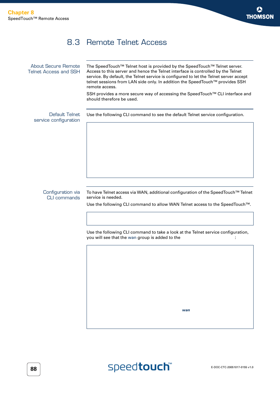 3 remote telnet access, About secure remote telnet access and ssh, Default telnet service configuration | Configuration via cli commands, Remote telnet access, Chapter 8 | Technicolor - Thomson Wireless Business DSL Routers SpeedTouchTM620 User Manual | Page 98 / 216