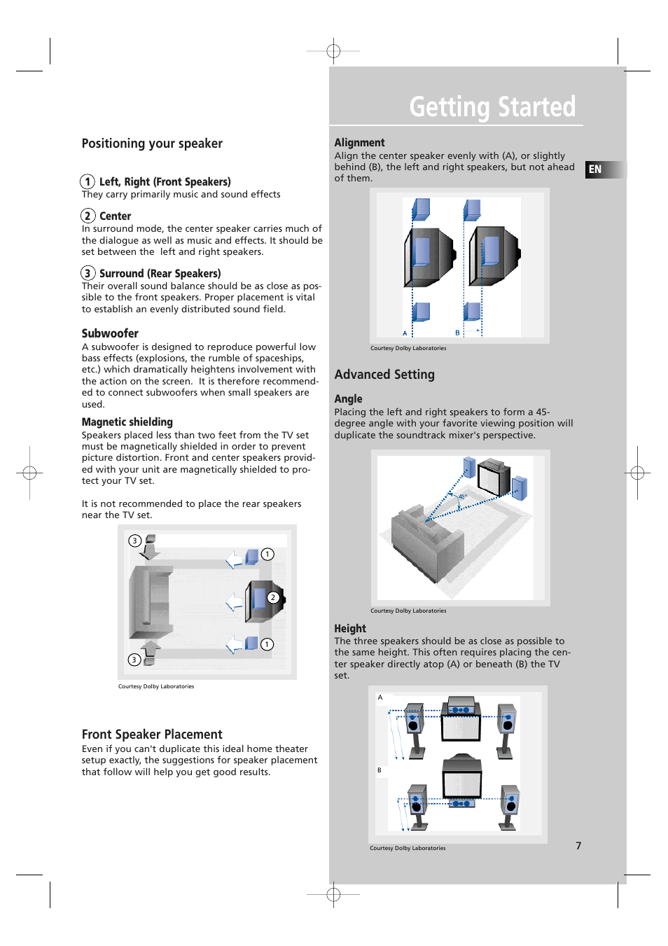 Getting started, Positioning your speaker, Front speaker placement | Advanced setting | Technicolor - Thomson DPL560HT User Manual | Page 10 / 27