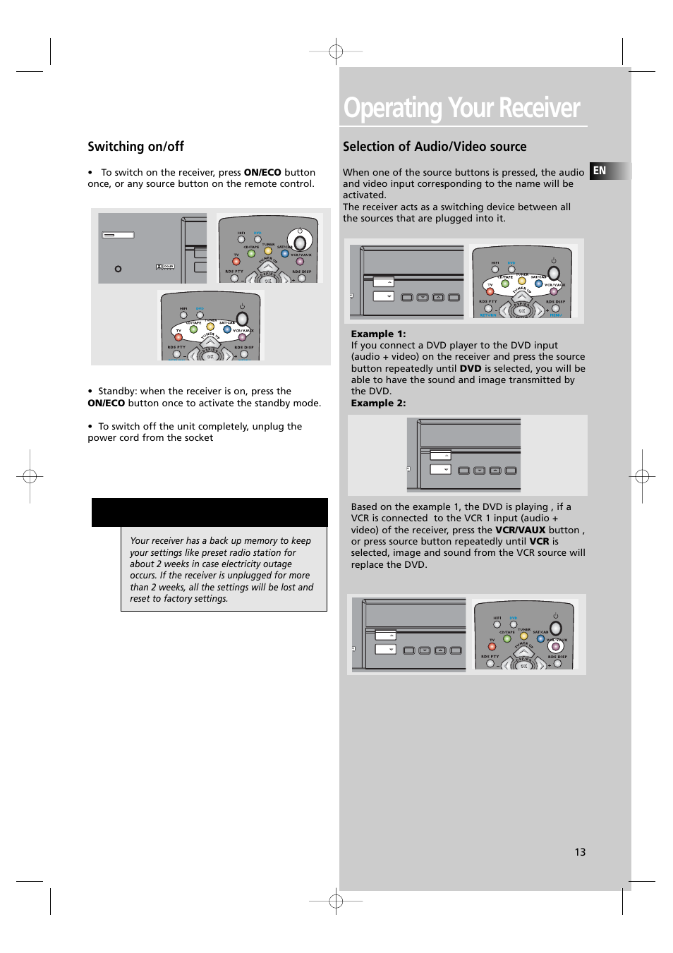 Operating your receiver, N o t e, Switching on/off | Selection of audio/video source | Technicolor - Thomson DPL560HT User Manual | Page 16 / 27