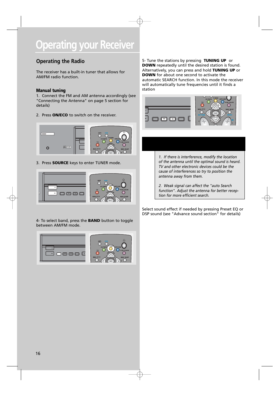 Operating your receiver, N o t e, Operating the radio | Manual tuning | Technicolor - Thomson DPL560HT User Manual | Page 19 / 27