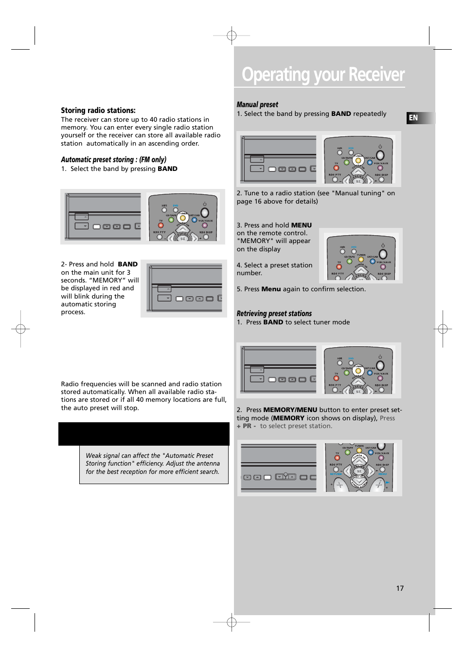 Operating your receiver, N o t e, Storing radio stations | Automatic preset storing : (fm only), Manual preset, Retrieving preset stations | Technicolor - Thomson DPL560HT User Manual | Page 20 / 27