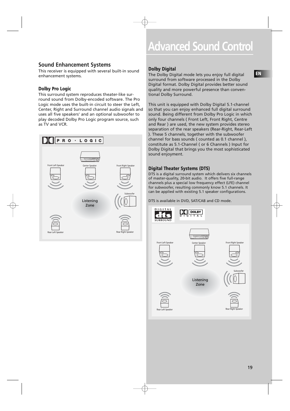 Advanced sound control, Sound enhancement systems, Dolby pro logic | Dolby digital, Digital theater systems (dts) | Technicolor - Thomson DPL560HT User Manual | Page 22 / 27